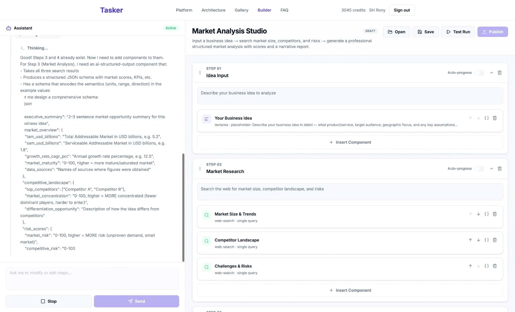 Tasker workflow builder — AI assistant designing a market analysis workflow alongside the step editor